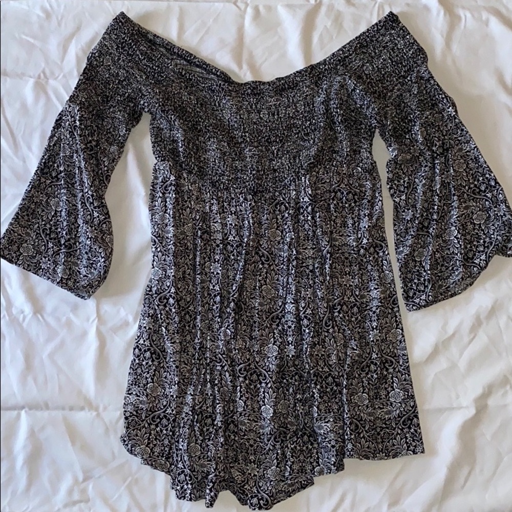 Off the shoulder black and white patterned dress